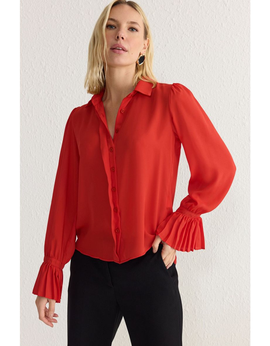 Red Spanish Sleeve Detail Regular Regular Pattern Woven Shirt - 4