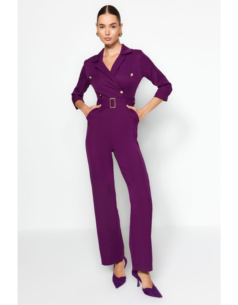 Plum Belted Double Breasted Collar Woven Jumpsuit