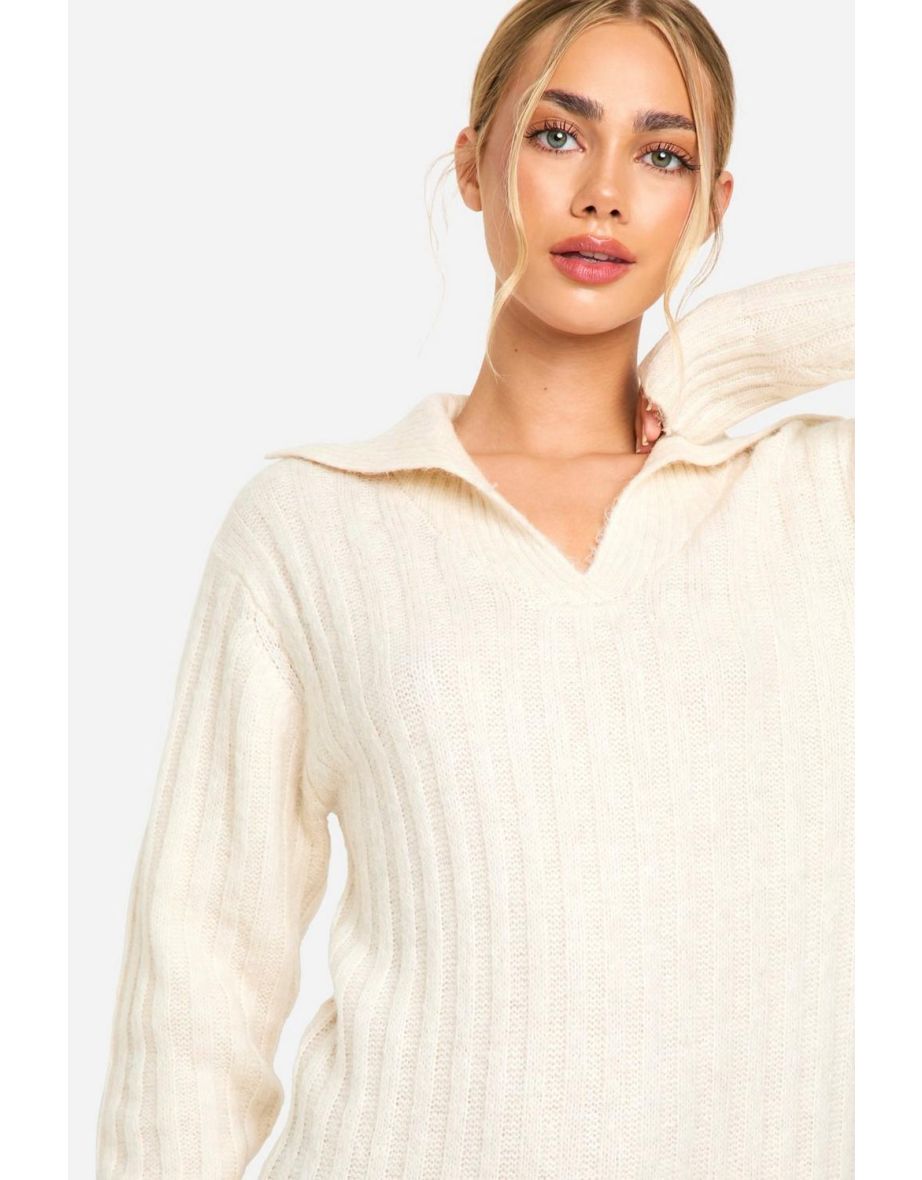 Soft Knit Thick Rib Collar Detail Midaxi Dress - ecru - 3