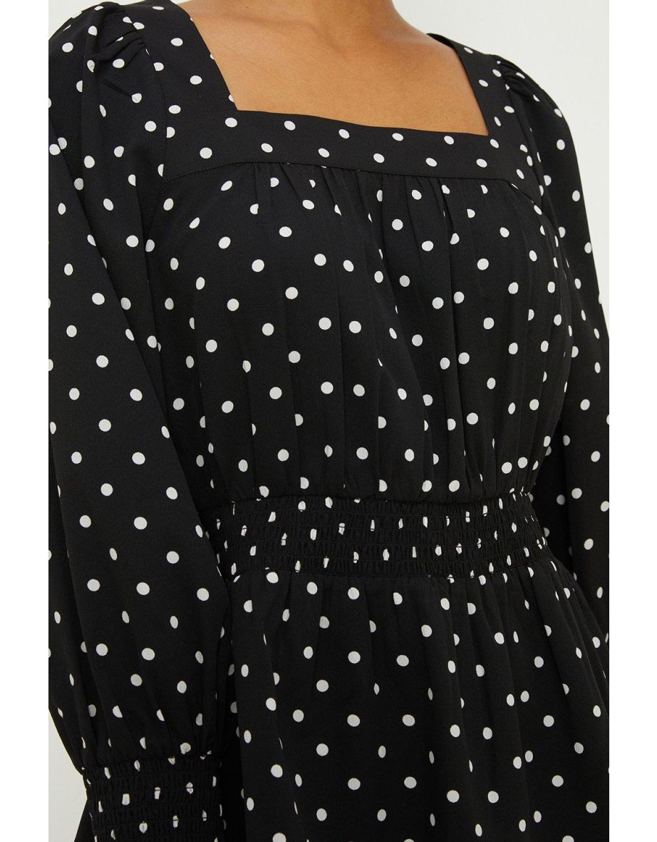 Black Spot Square Neck Shirred Waist Long Sleeve Blouse - 2