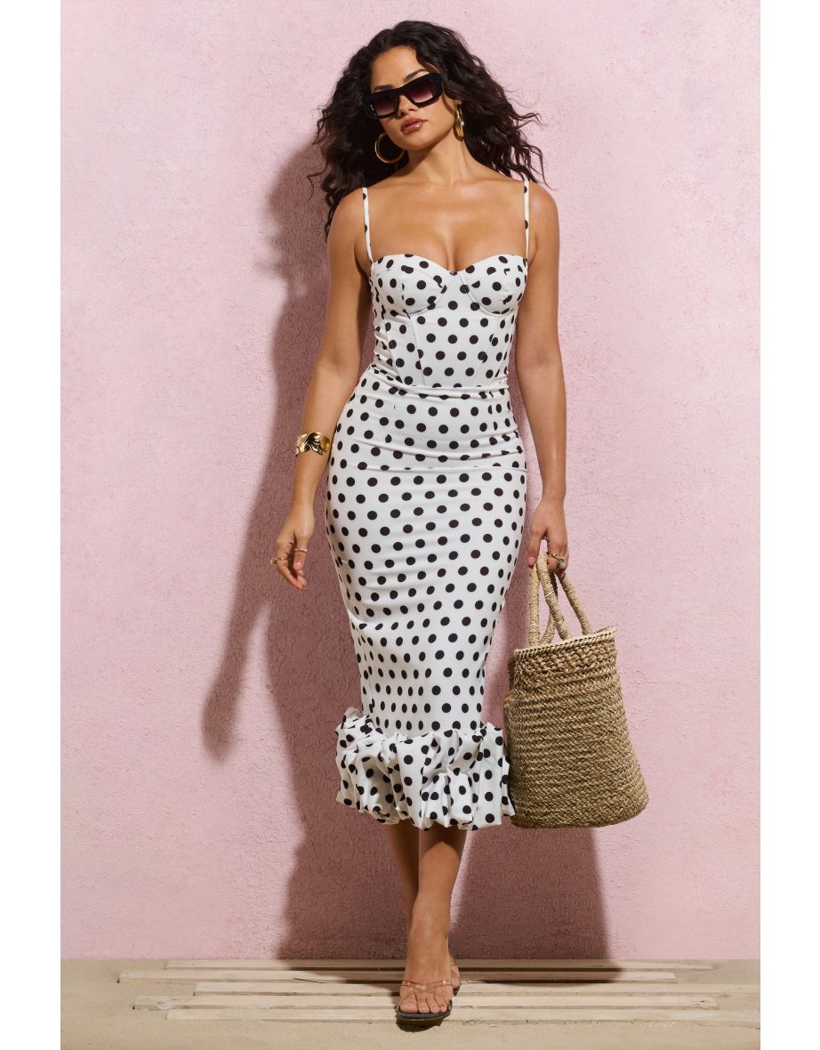 Royale | White Polka Dot Bodycon Ruffled Midaxi Dress