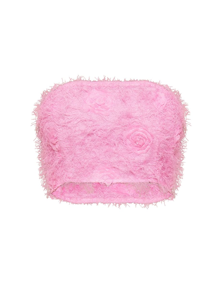 Petite Bright Pink Fluffy Rose Detail Bandeau Crop Top - 4