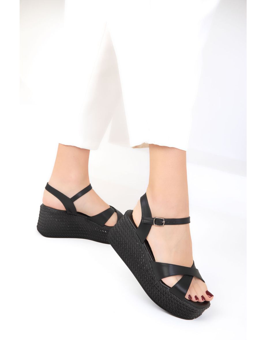 Women's Black Wedge Heels - 4
