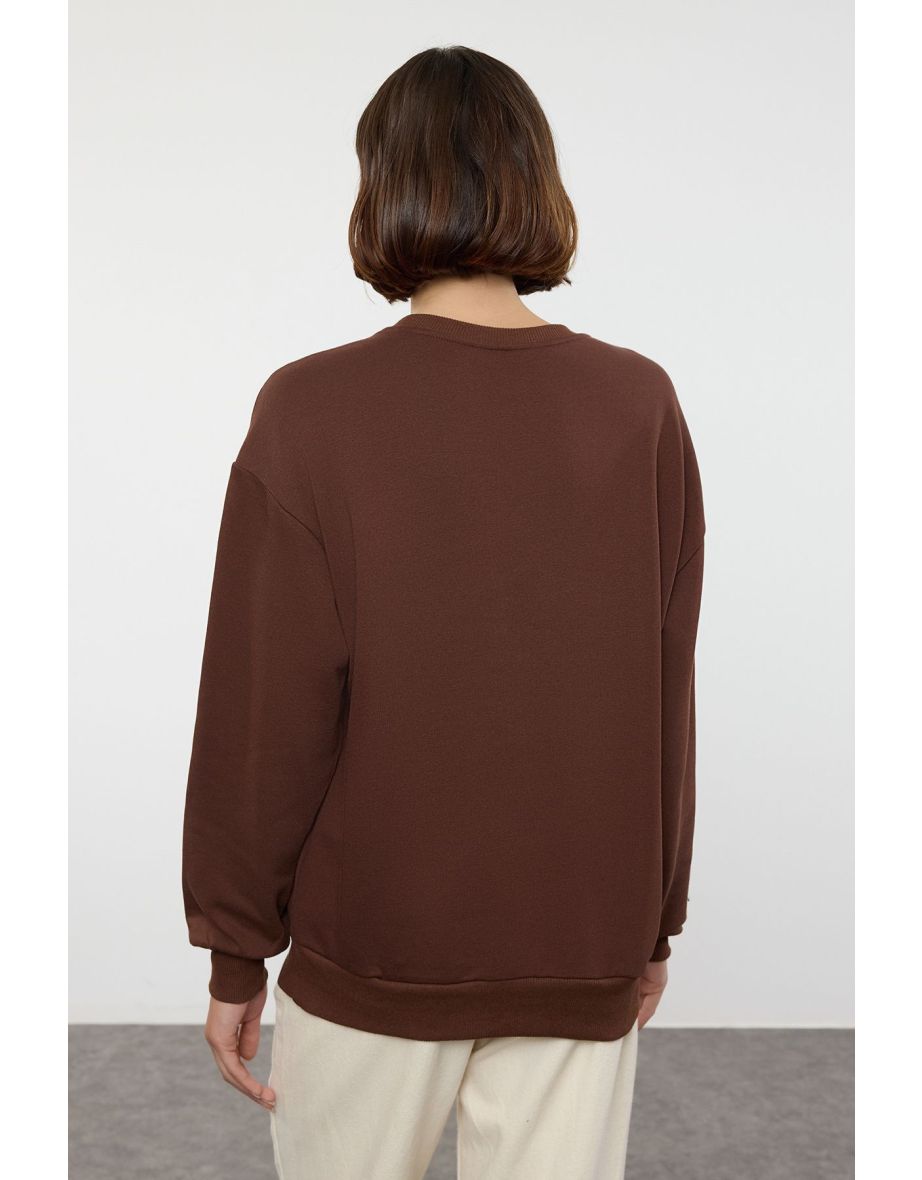 Brown Slogan Embroidered Regular/Normal Fit Crew Neck Thick Knitted Sweatshirt - 4