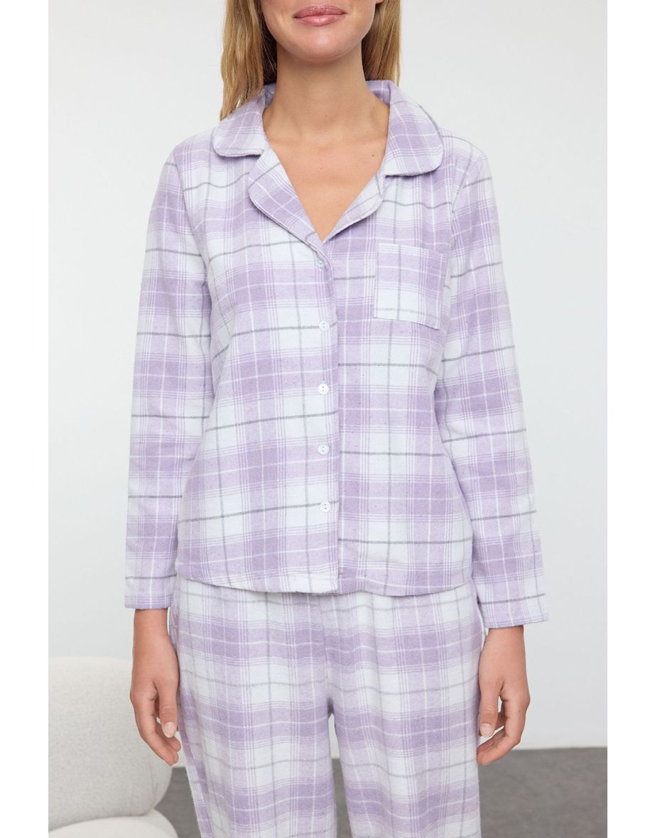 Lilac Cotton Plaid Pocket Detailed Woven Pajama Set - 4