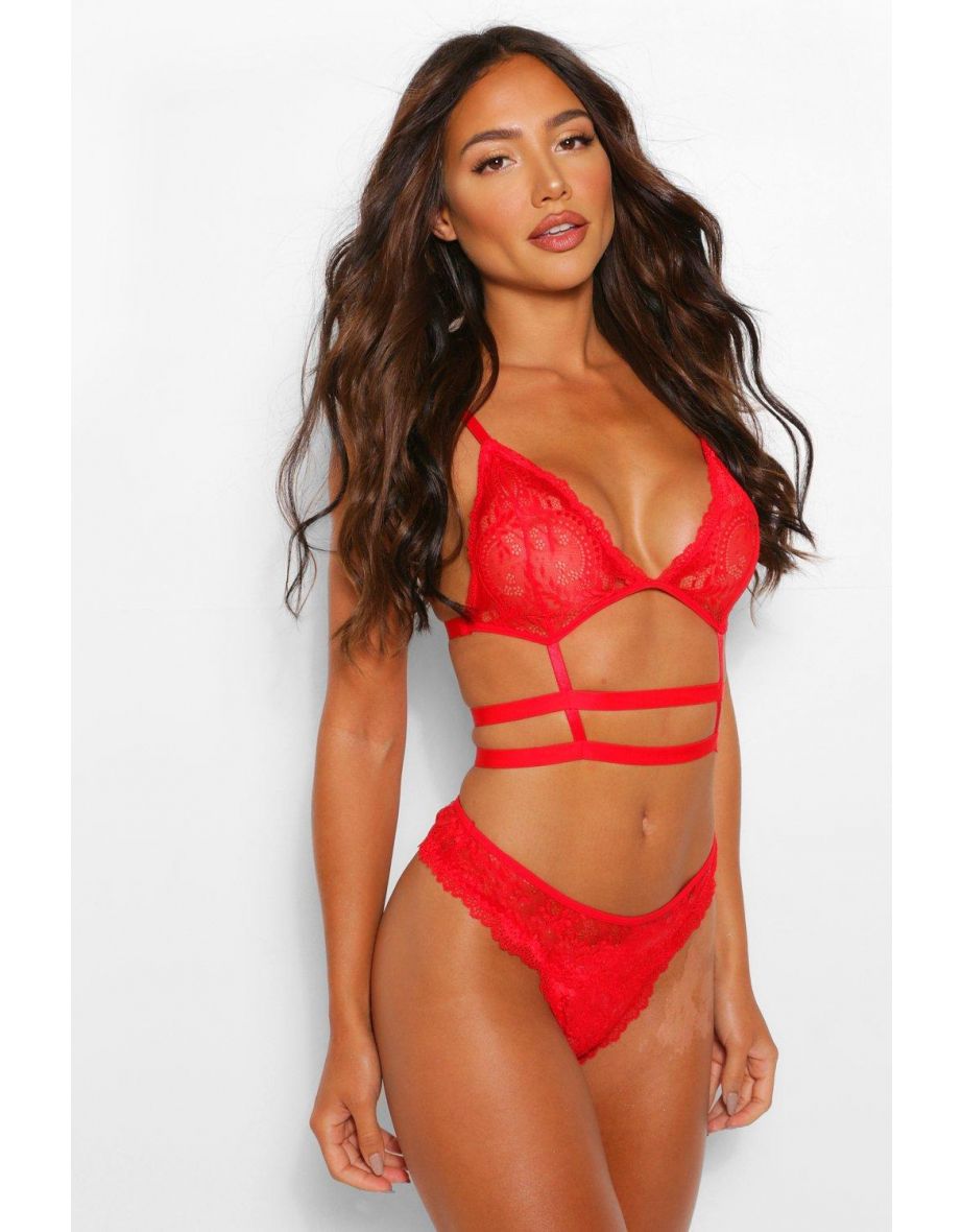 Lace Harness Bralet & Brief Set - red - 2