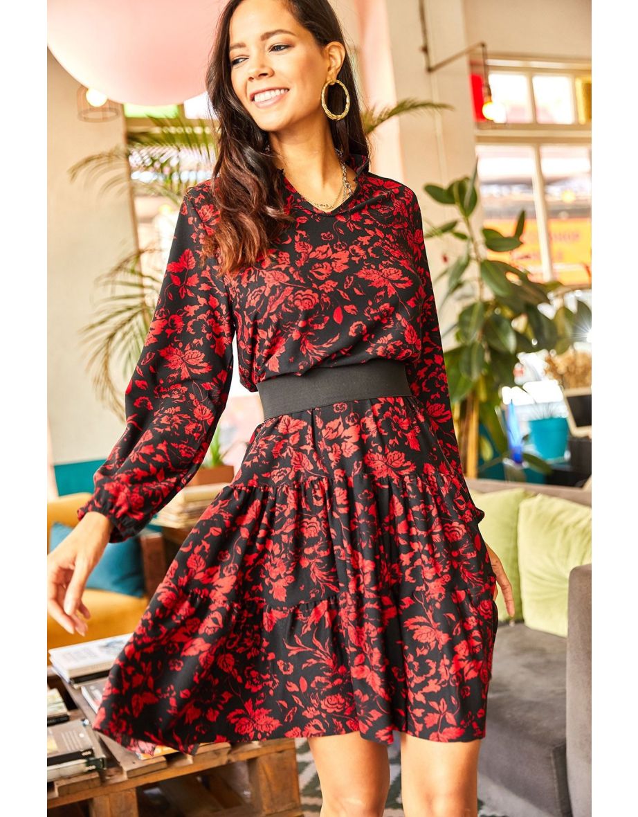Women's Red Black V-neck Flounce Dress