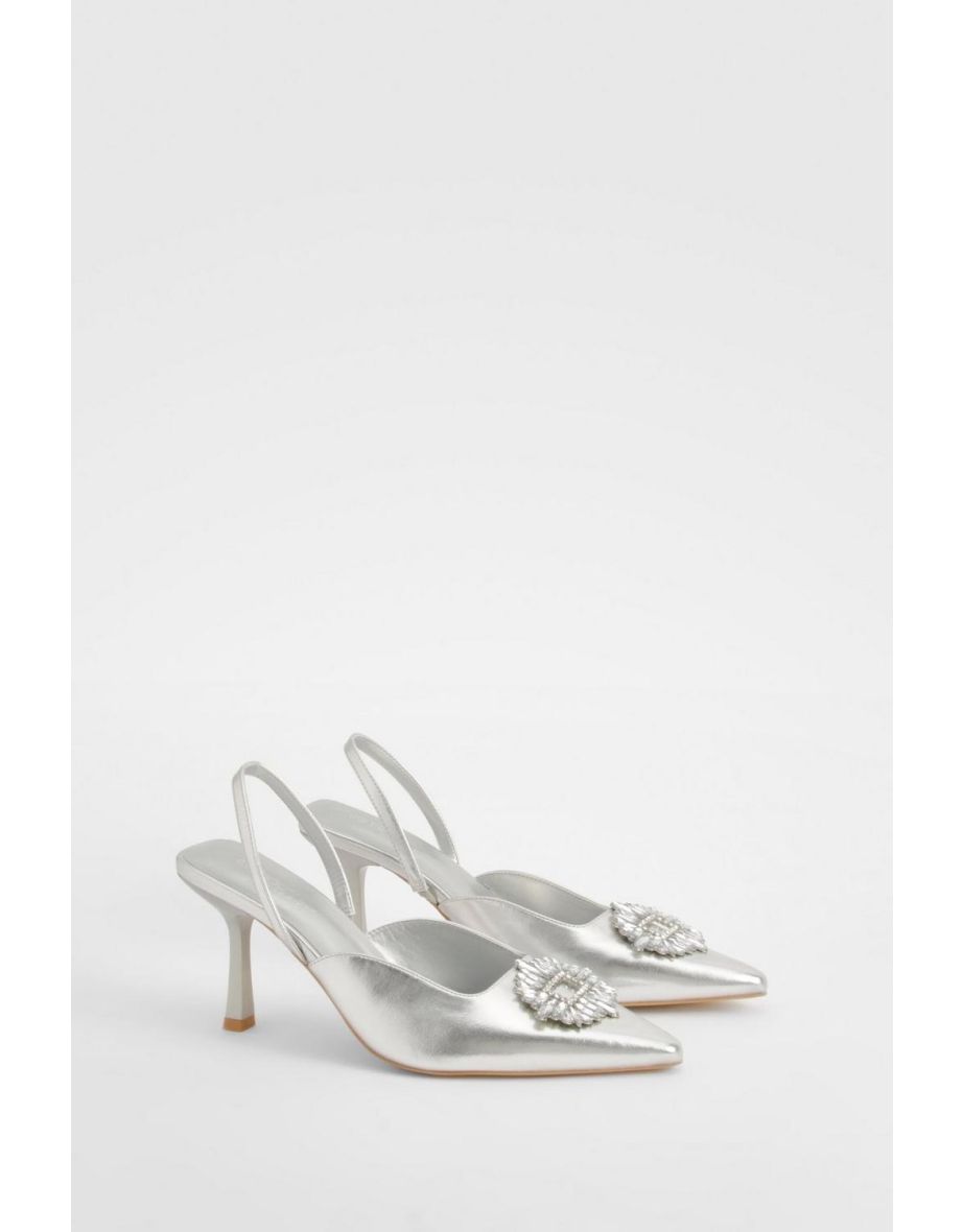 Wide Fit Metallic Embellished Slingback Court Heels - silver