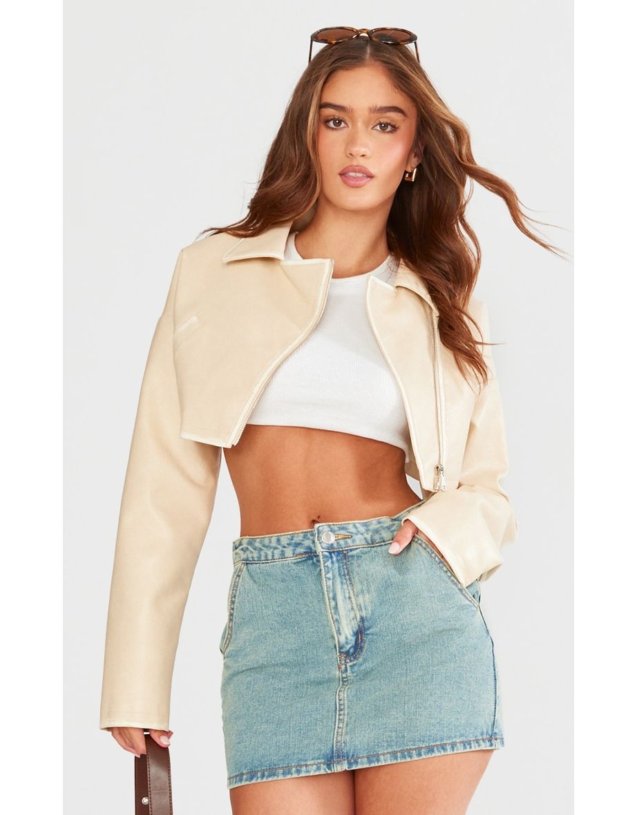 Cream Worn Faux Leather Boxy Cropped Jacket