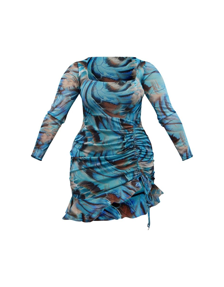 Shape Blue Butterfly Print Mesh Long Sleeve Ruched Side Frill Hem Bodycon Dress - 4