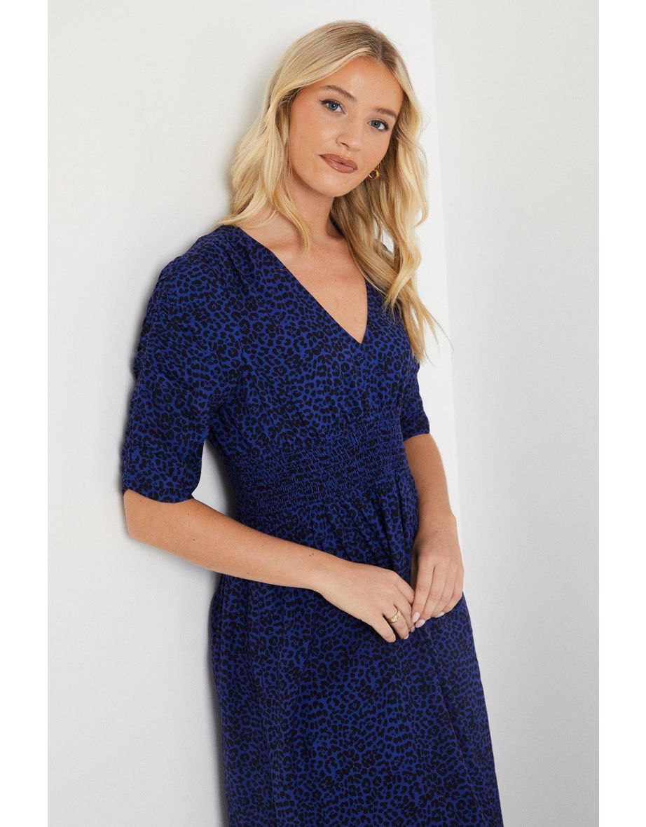 Blue Animal Ruched Sleeve Dress - 3