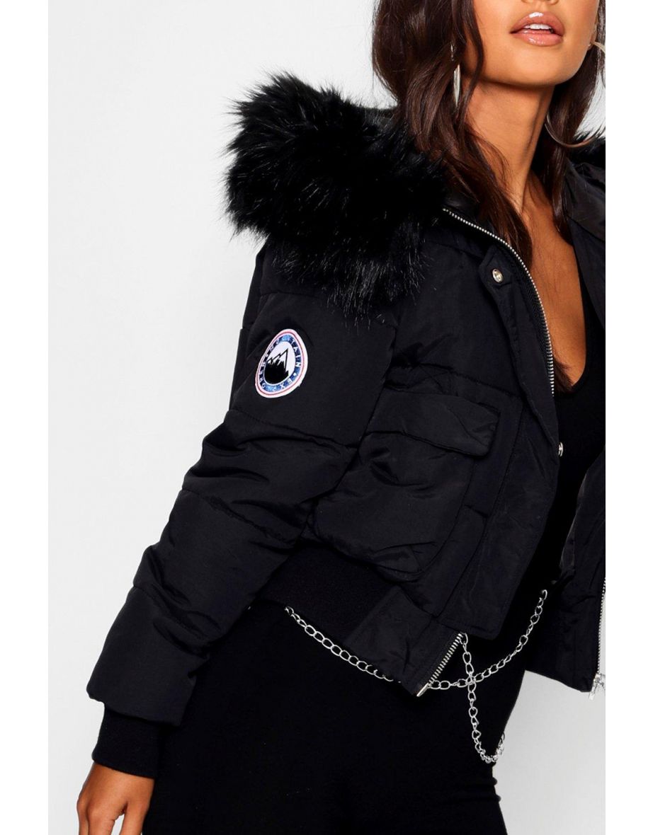 Petite Luxe Faux Fur Hood Sporty Cropped Coat - black - 3