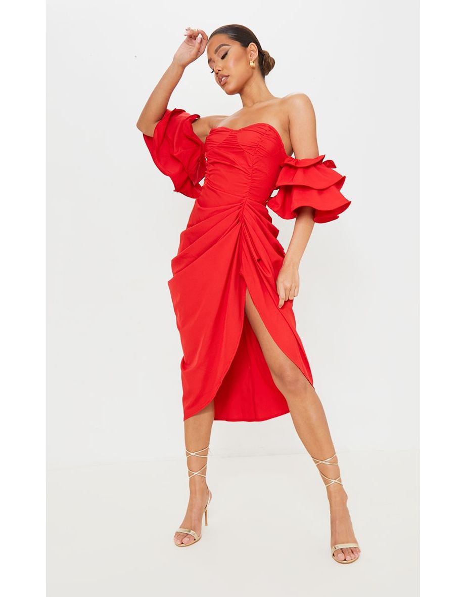 Red Bardot Frill Sleeve Draped Midi Dress