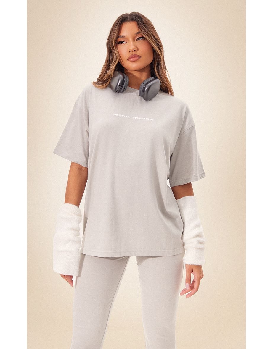 PRETTYLITTLETHING Pale Grey Print Oversized T-shirt