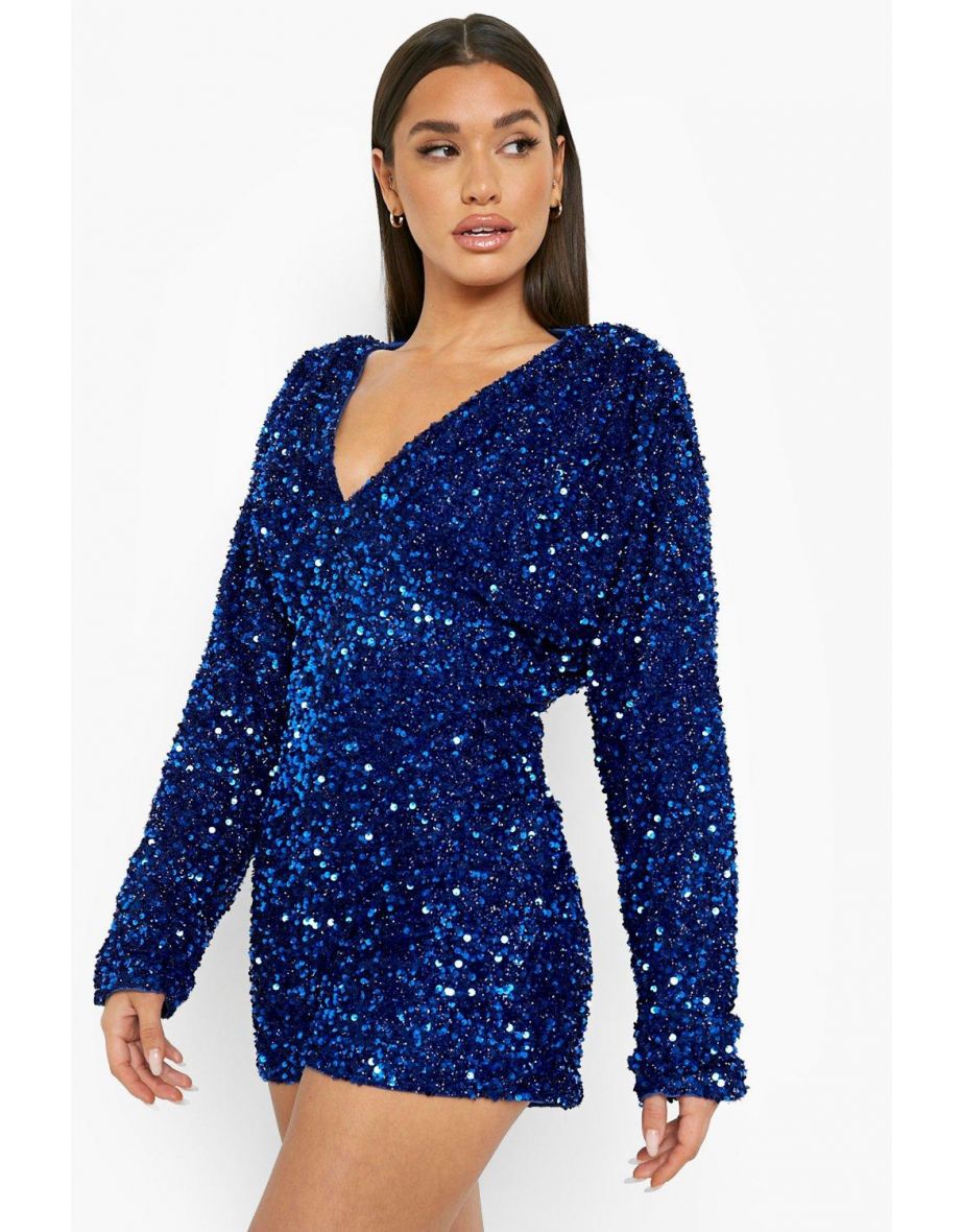 Sequin Plunge Extreme Batwing Playsuit - cobalt - 3