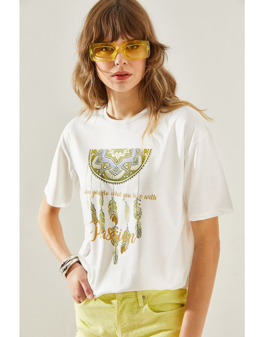 Women's Ethnic Patterned Basic Combed Cotton T-Shirt - 5