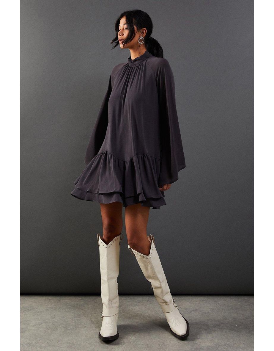 Chiffon Drop Hem High Neck Flare Sleeve Mini Swing Dress