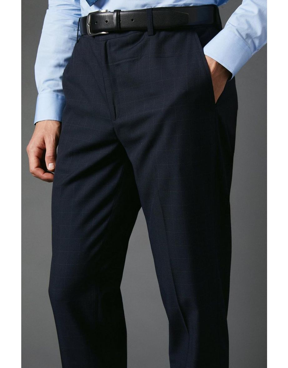 Navy Slim Fit Windowpane Check Smart Trouser - 3