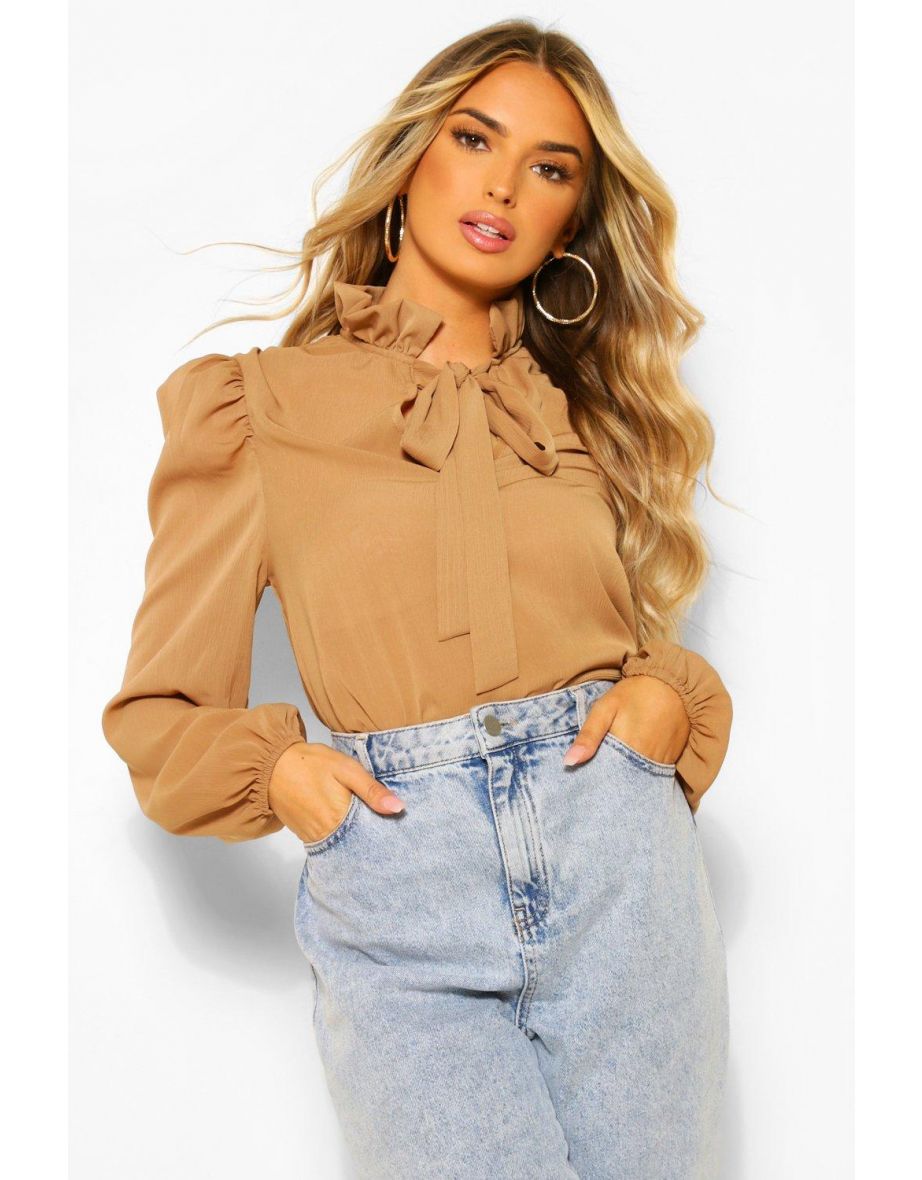 Chiffon Shoulder Pad Detail Bow Blouse - stone