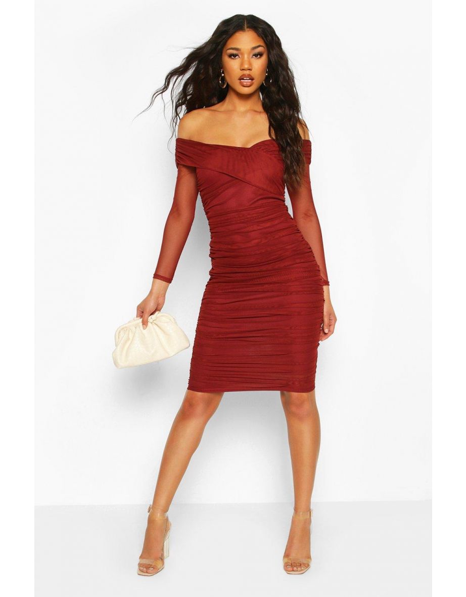 Off Shoulder Ruched Mesh Bodycon Midi Dress - chocolate