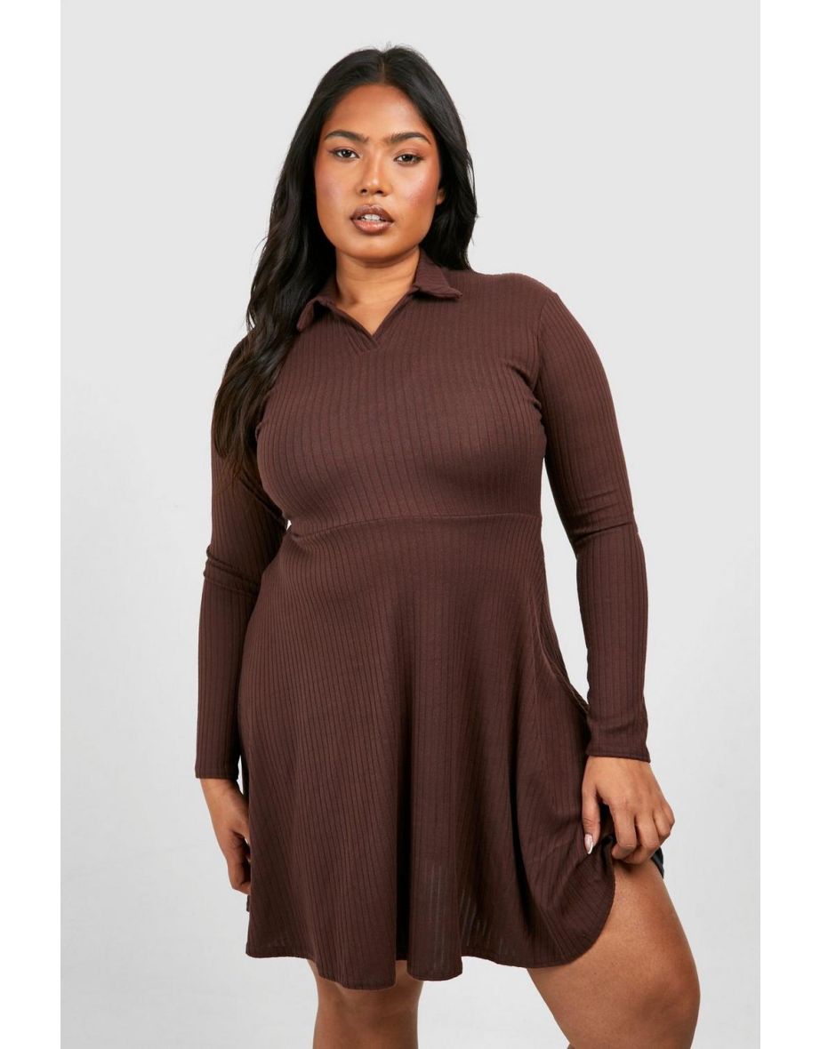 Plus Wide Soft Rib Collar Skater Dress - chocolate