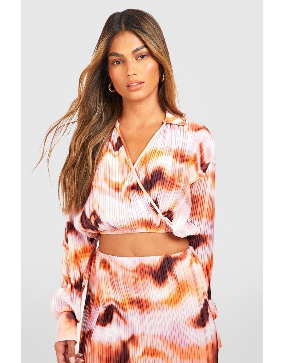 Plisse Print Abstract Wrap Top - blush