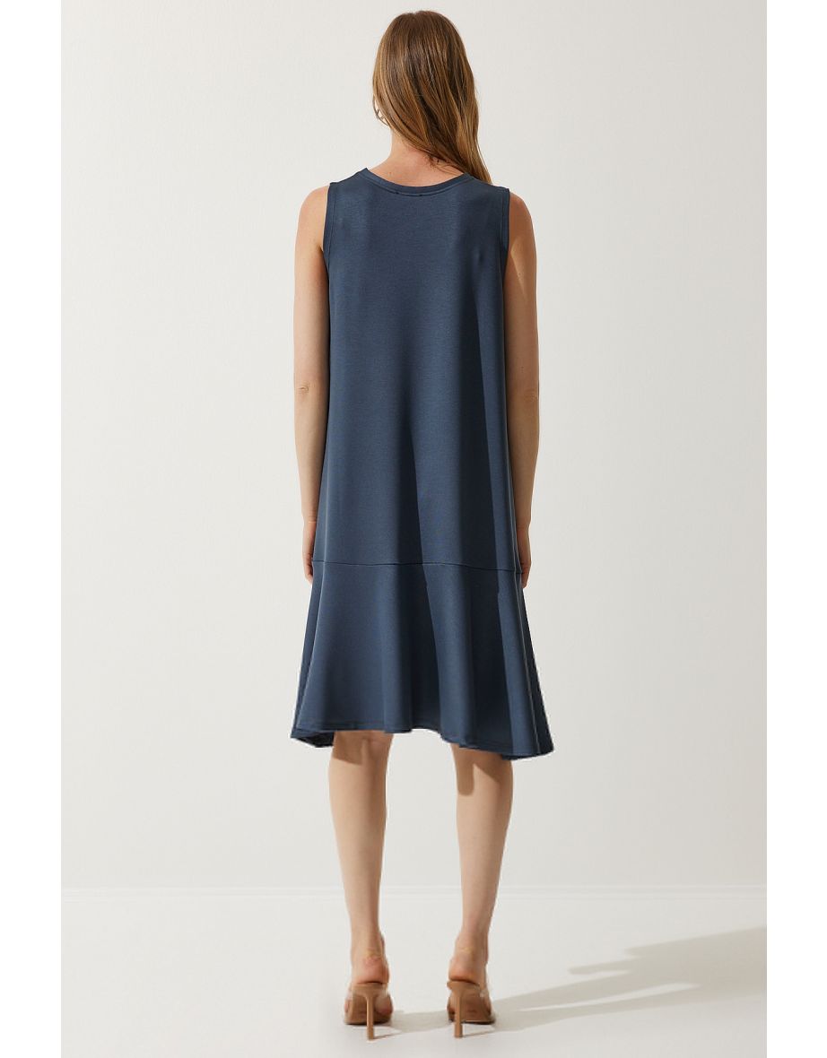 Women's Indigo Blue Crew Neck Knitted Flounce A-Line Dress - 5