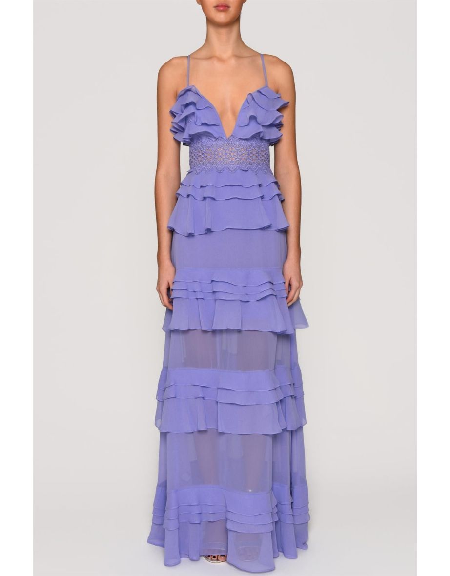 Sophia Cornflower-Blue Plunge Front Tiered Ruffle Maxi-Dress