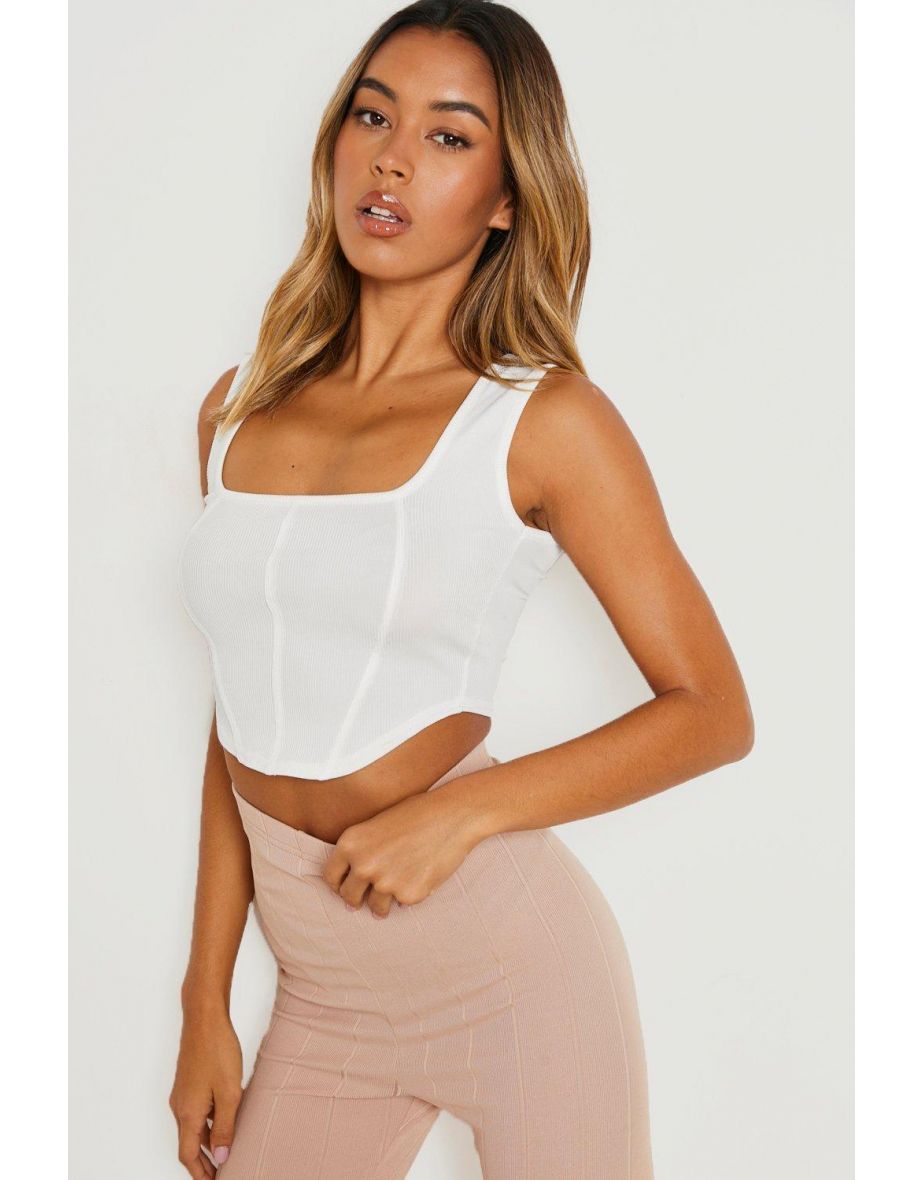 Wide Strap Square Neck Rib Corset Top - off white
