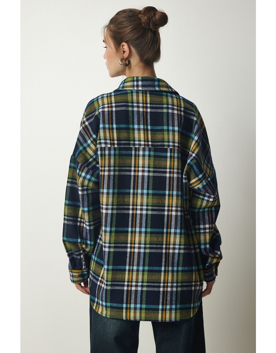 Women's Navy Blue Green Patterned Oversize Cachet Lumberjack Shirt - 4