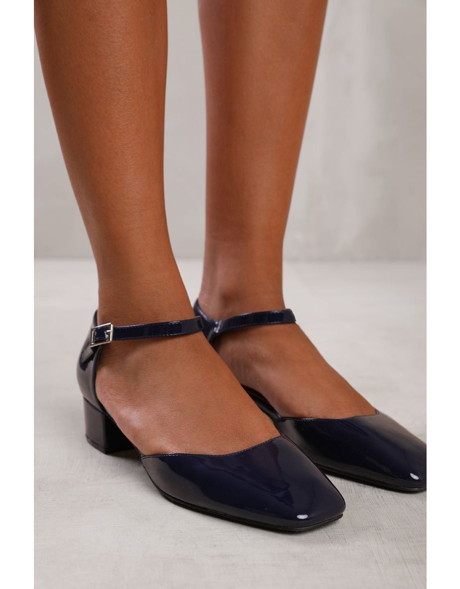 SINGAPORE WIDE FIT SQUARE TOE LOW BLOCK HEEL WITH STRAP IN NAVY PATENT