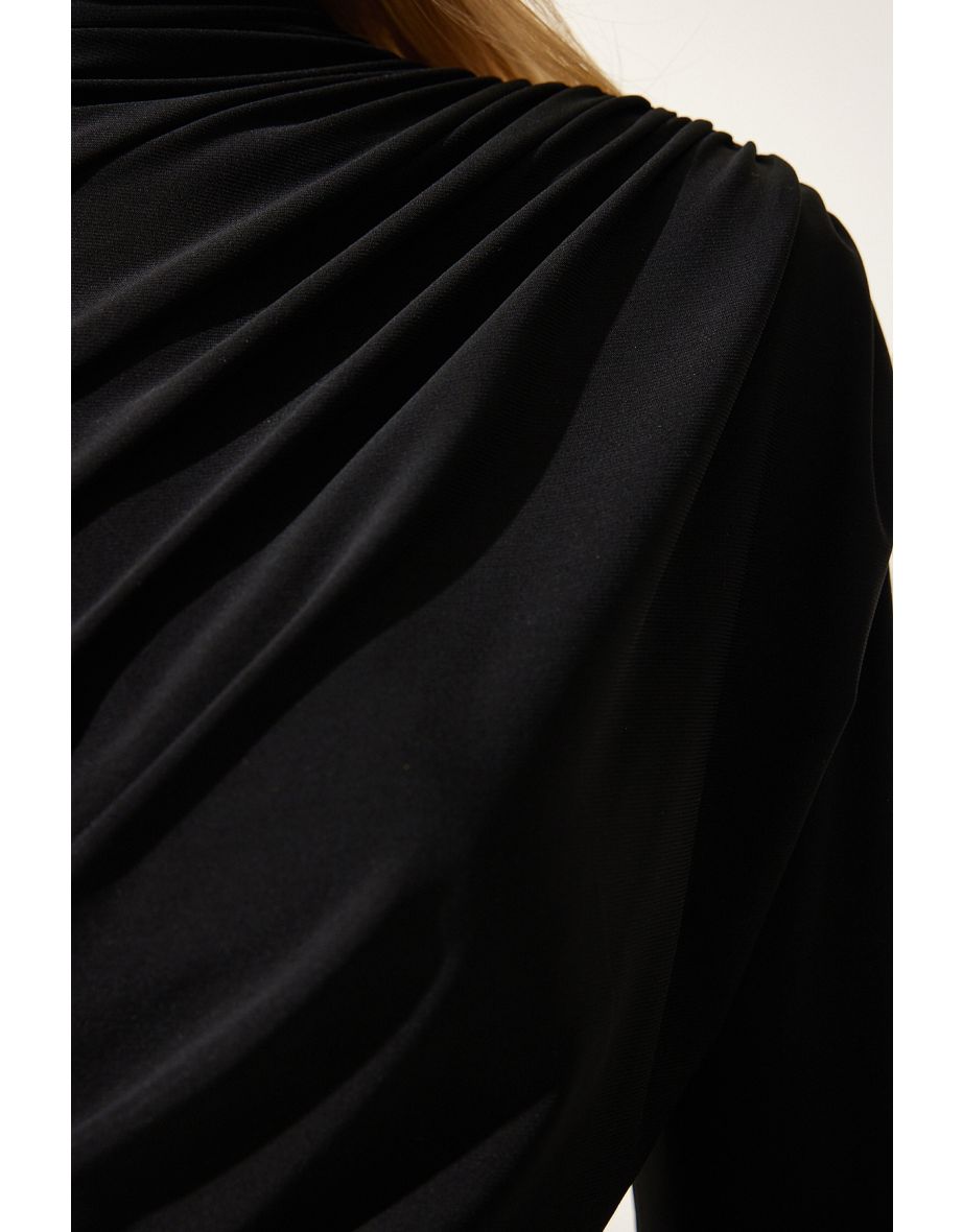 Women's Black Shirred Detail Standing Collar Sandy Blouse - 5