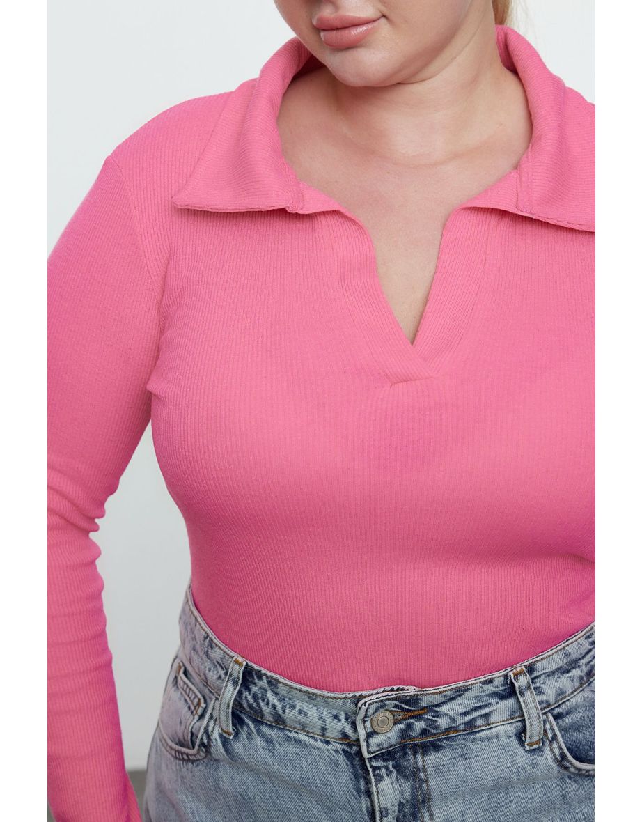 Curve Ribbed Collared Bodysuit Top -Pink - 4