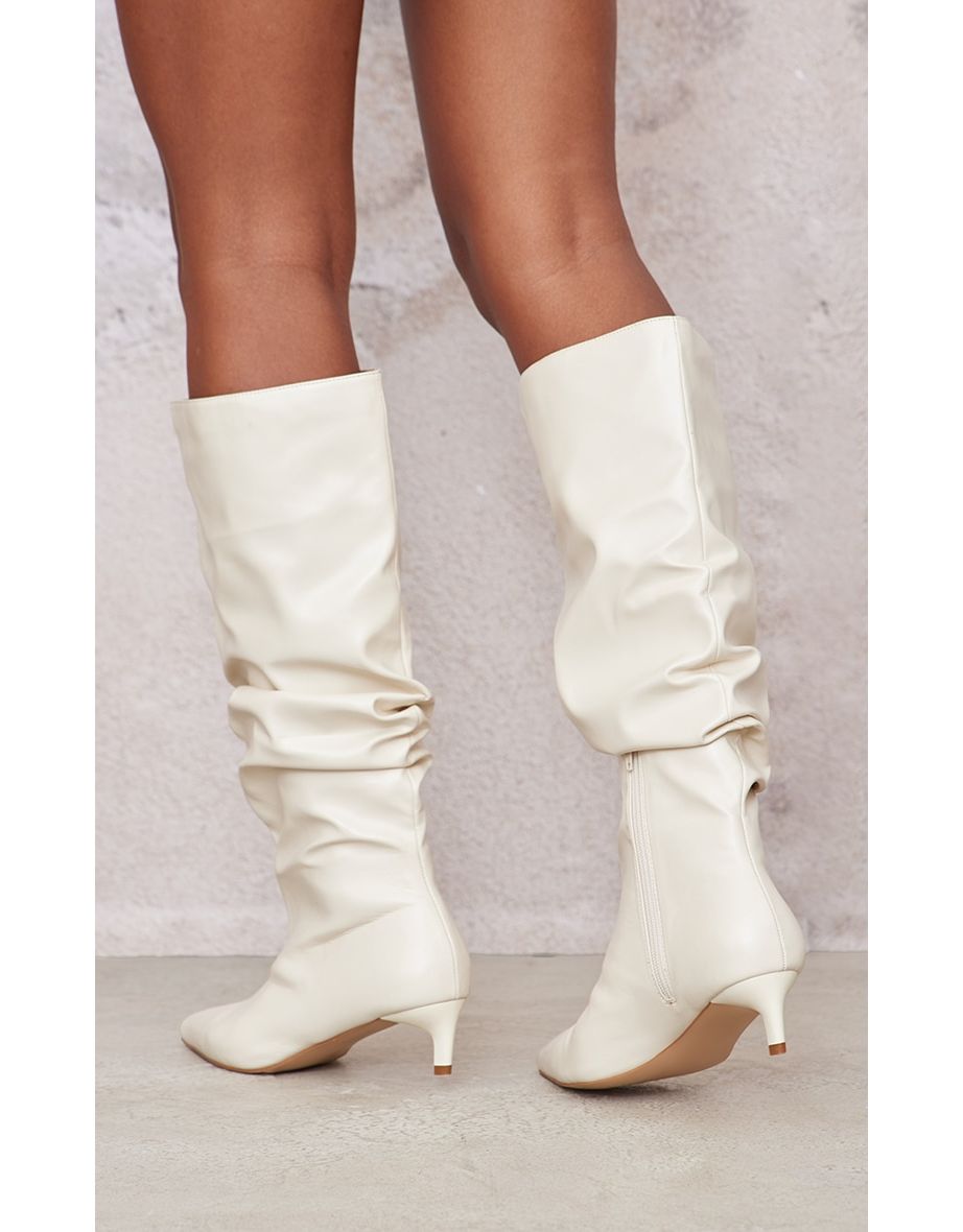 Cream PU Wide Fit Gathered Low Heel Knee High Boots - 3