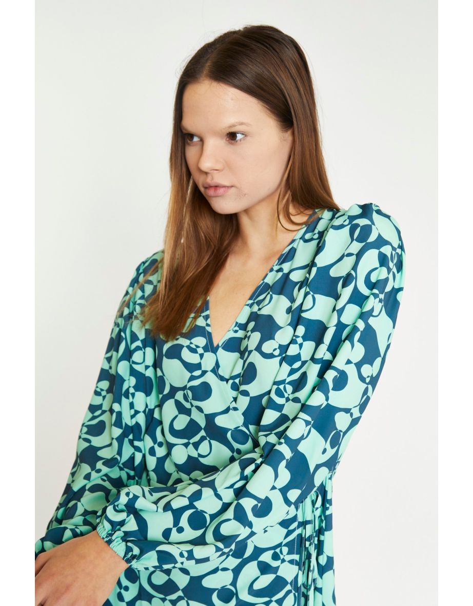Green Abstract-Bubble V-Neck Wrap Mini Dress - 3