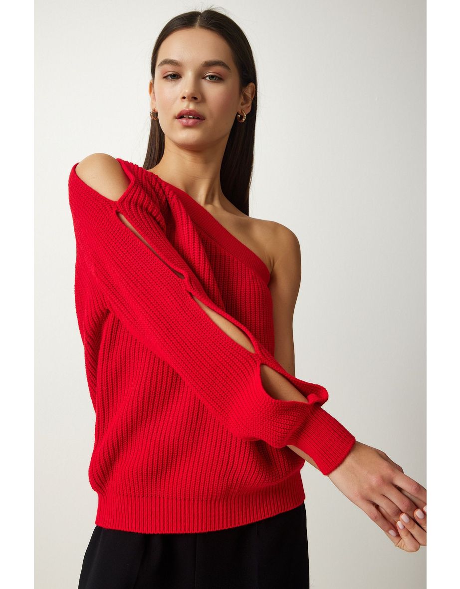 Women's Red Window Detailed Single Sleeve Knitwear Sweater