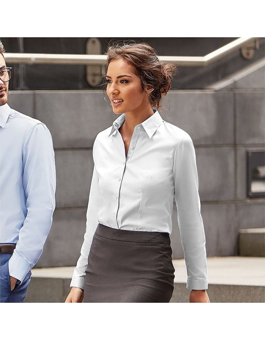 Russell Ladies/Womens Herringbone Long Sleeve Work Shirt - White - 2