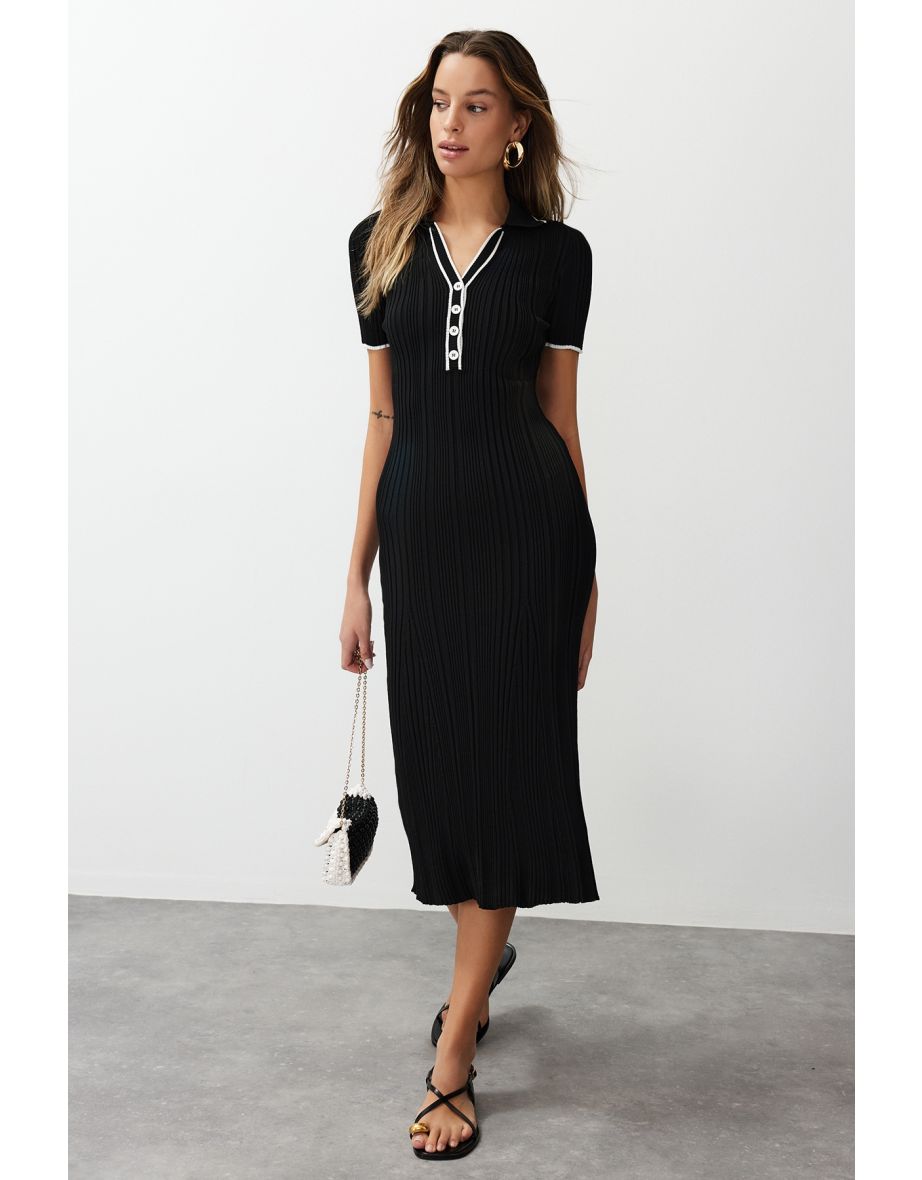 Black Midi Knitwear Polo Collar Dress