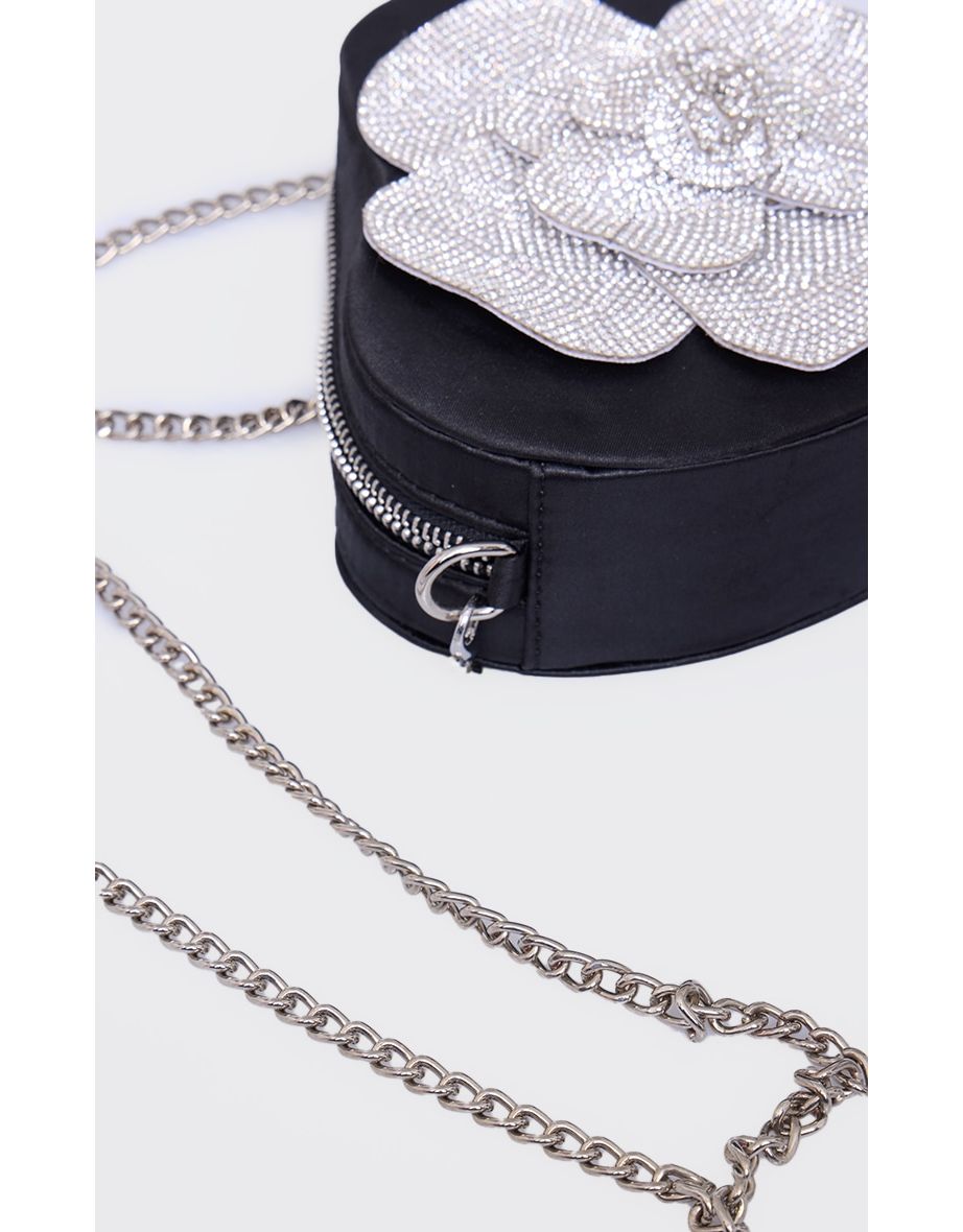Black Satin Heart Shape Diamante Flower Handbag - 3
