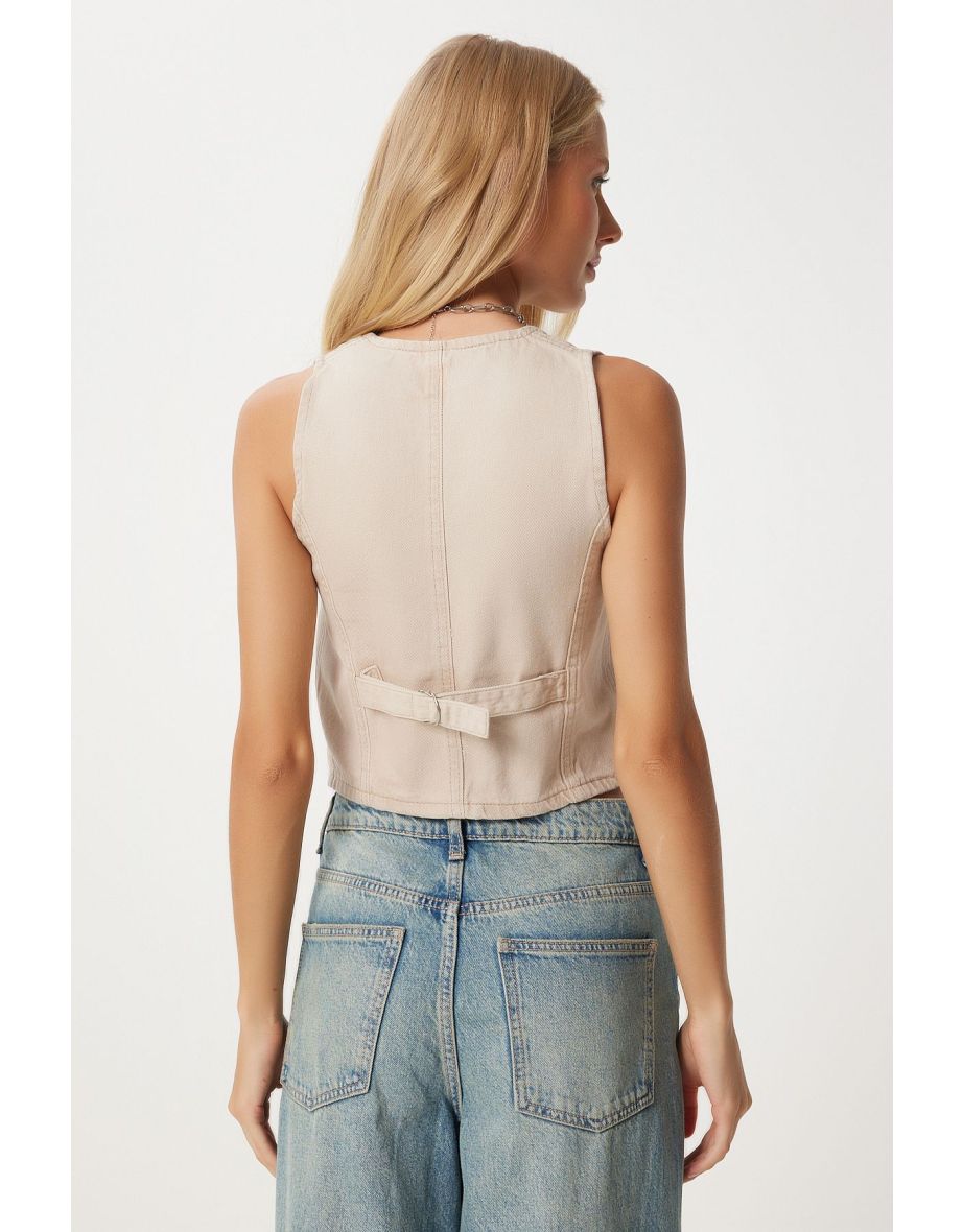 Women's Beige V Neck Crop Denim  Waistcoat - 3