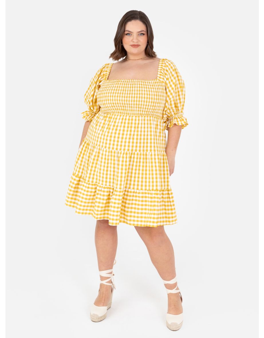 Lovedrobe Yellow Gingham Milkmaid Puff Sleeve Mini Dress