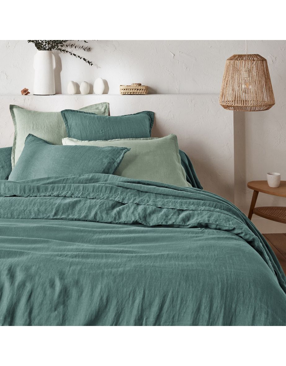 Green Washed Linen Fitted Sheet