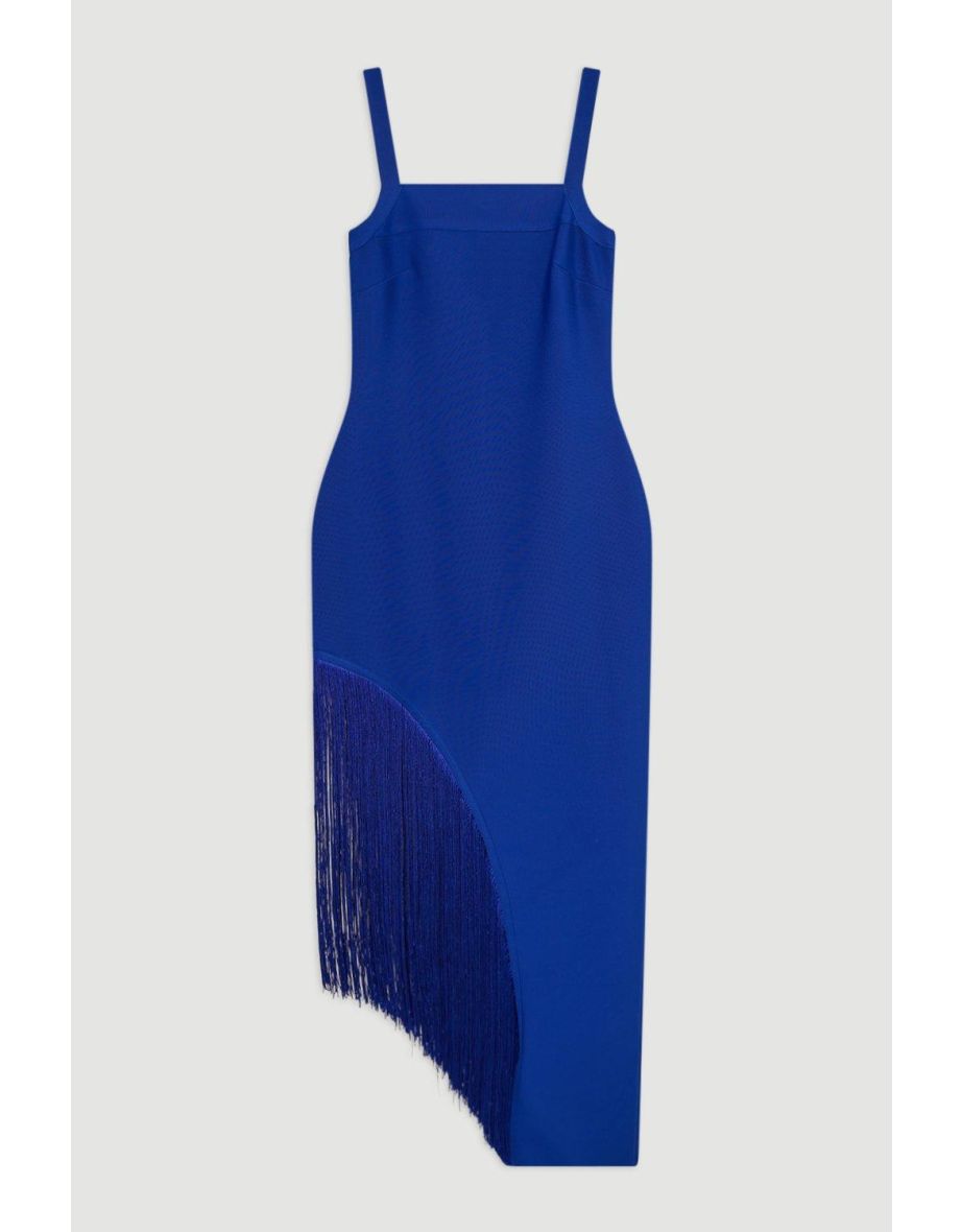 Figure Form Bandage Asymmetric Fringe Hem Knit Dress - 3