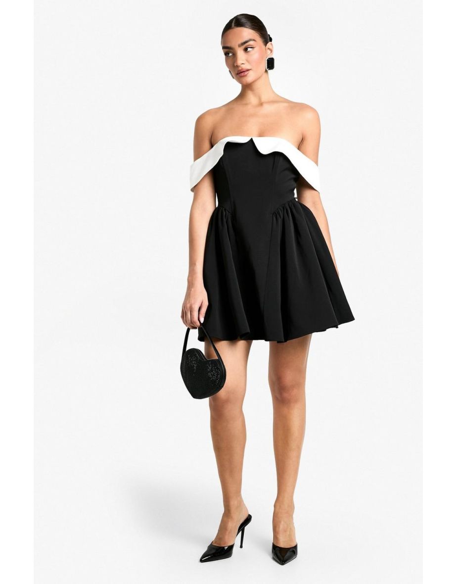 Contrast Bardot Structured Skater Dress - black