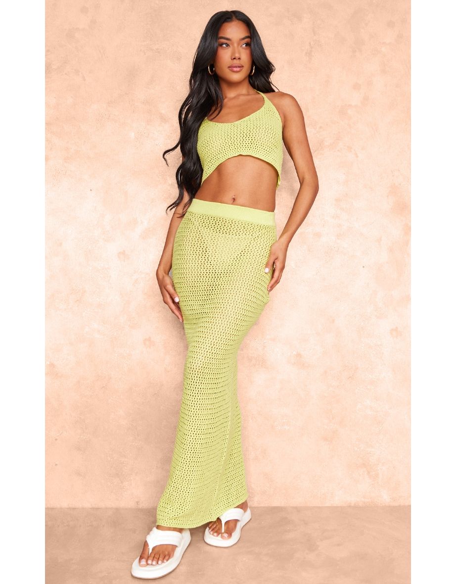 Light Lime Crochet Plain Knit Maxi Skirt