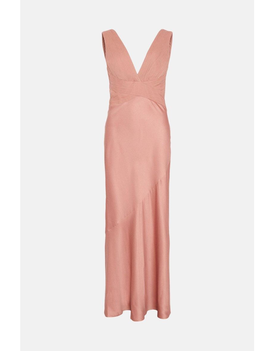 Crinkle Chiffon V Neck Satin Maxi Dress - 3
