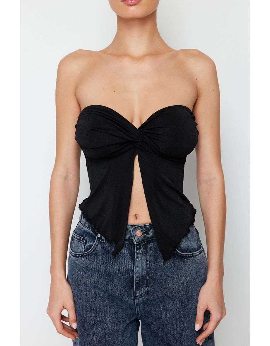 Black imitated Edition Sweetheart Neckline Gathered Crop Knitted Blouse - 7