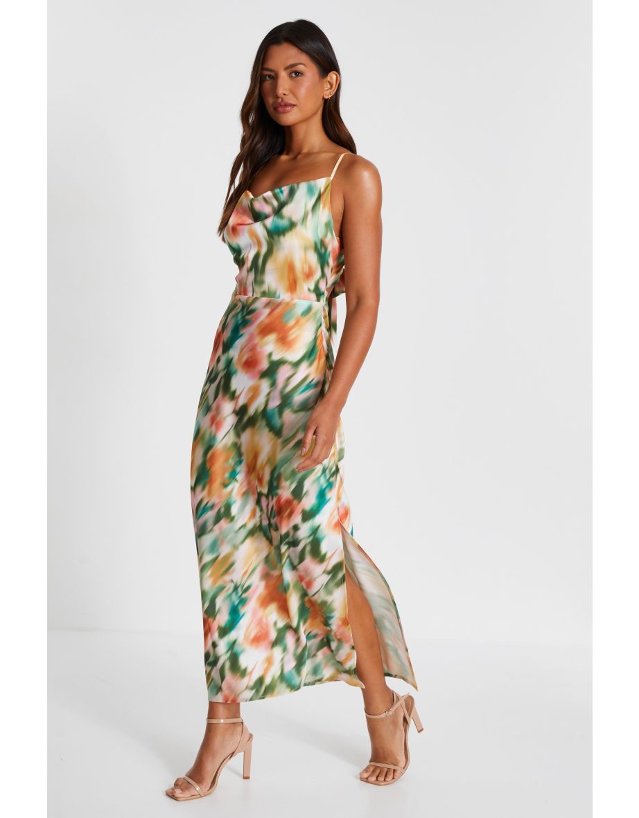 Multicoloured Marble Print Satin Maxi Dress