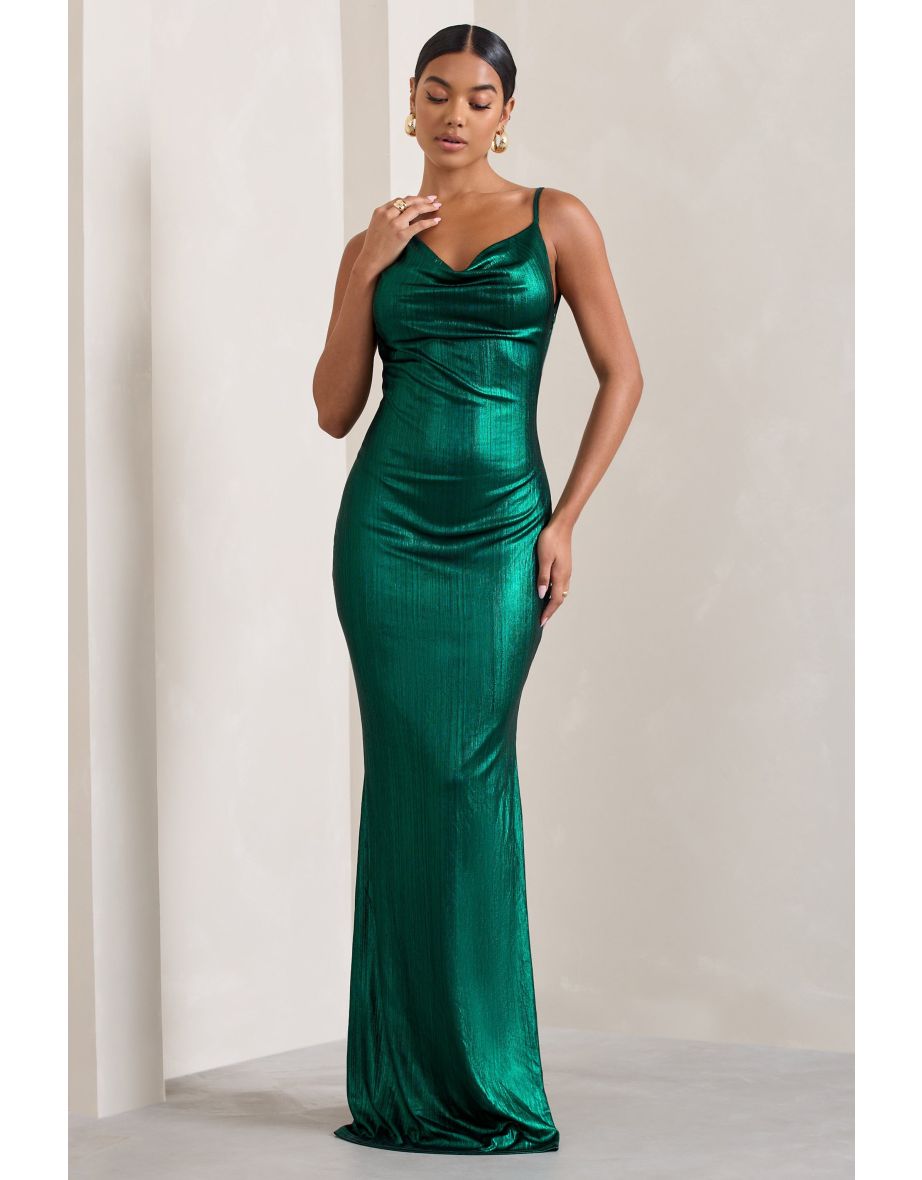 Galaxy Shimmer | Green Bias Cut Cowl Front Maxi Dress - 4