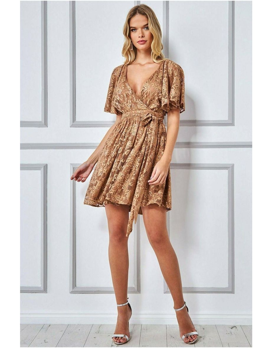 Goddiva Lace Kimono Wrap Skater Mini Dress - Tan